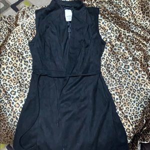 Black Suede-Texture Lined Sleeveless Long Vest